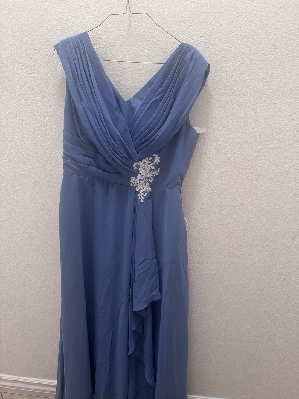Dusty Blue V-Neck Chiffon Wedding Dress with Lace Applique